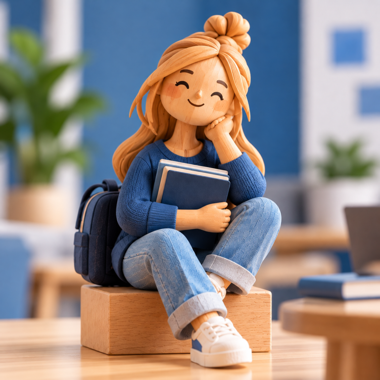 Stark durch die Ausbildung – Unterstützung für Azubis Illustration einer lächelnden jungen Auszubildenden mit Büchern und Rucksack