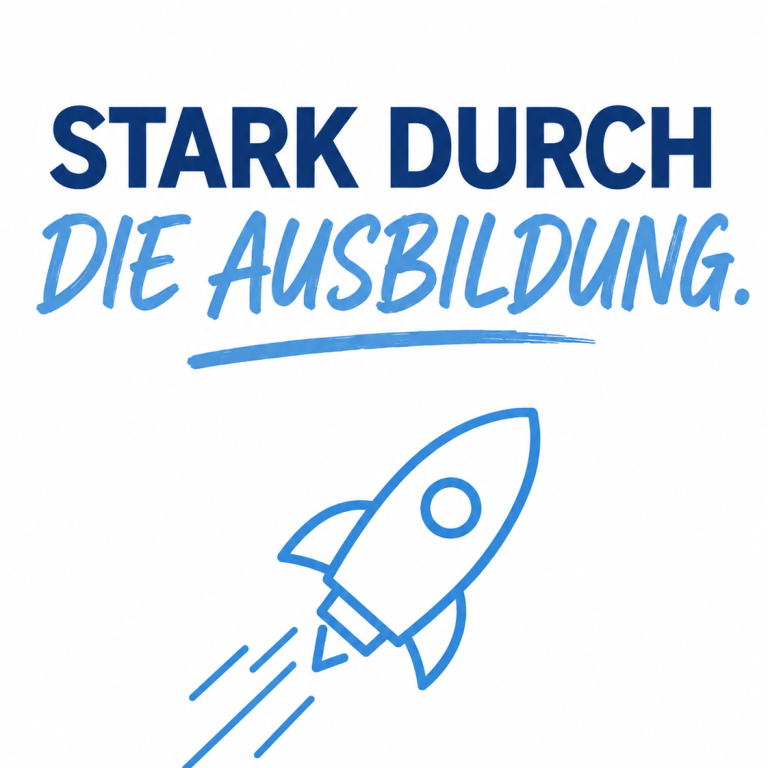 Stark durch die Ausbildung – Psychologische Azubi-Begleitung in Siegen Stark durch die Ausbildung – Schriftzug mit blauer Rakete als Symbol für einen erfolgreichen Ausbildungsweg