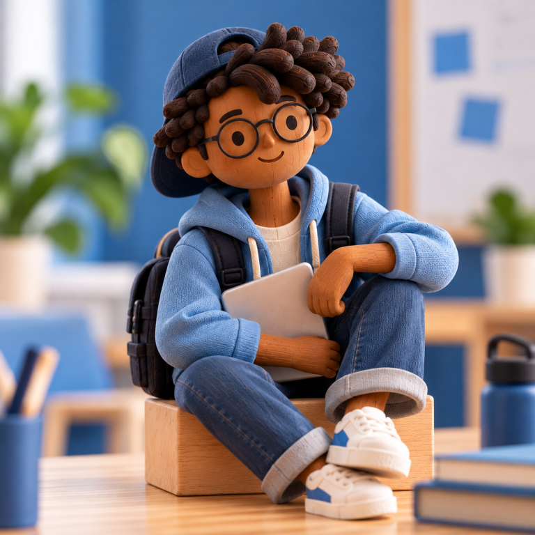 Stark durch die Ausbildung – Azubi-Begleitung Illustration eines jungen Auszubildenden mit Kappe, Brille und Tablet