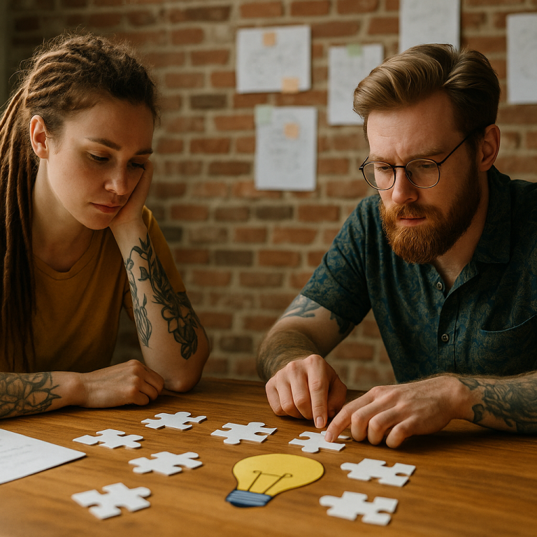 Zwei Personen sitzen an einem Tisch und suchen gemeinsam nach einer Lösung mit Puzzleteilen.