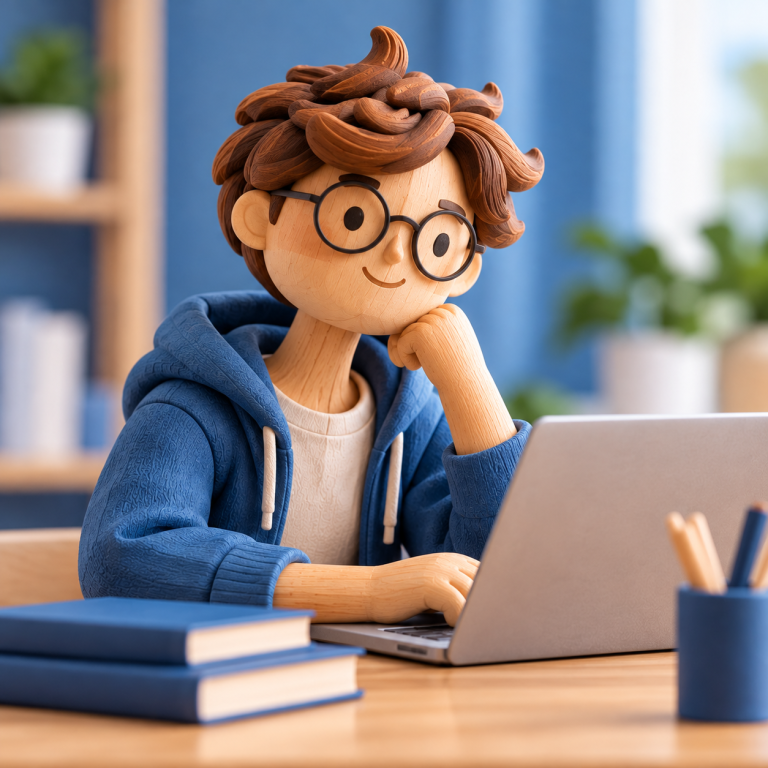 Stark durch die Ausbildung – Psychologische Hilfe für Azubis Illustration eines jungen Auszubildenden mit Brille bei der Arbeit am Laptop